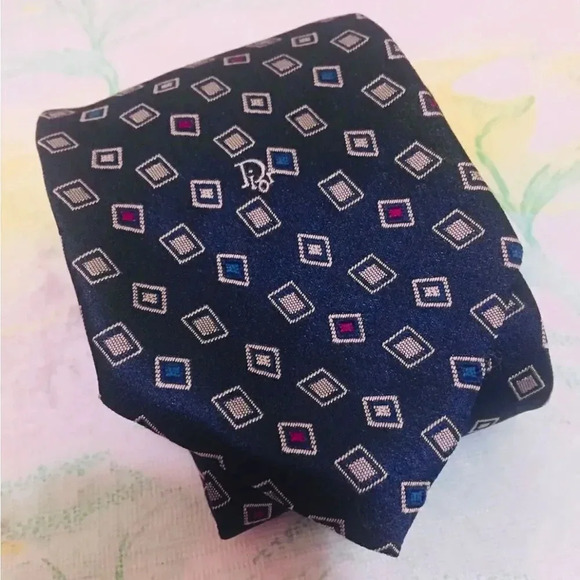 CHRISTIAN DIOR MONSIEUR VINTAGE BLUE DECO TIE POLYESTER/SILK BLEND - Picture 1 of 8